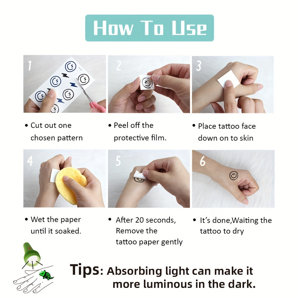 10 Sheets of Luminous Waterproof Glow-in-the-Dark Dinosaurs Temporary Tattoos, Featuring T-Rex, Pterosaur, Velociraptor, Triceratops, and Stegosaur Designs in Rectangular Shape, Perfect for Dinosaurs Birthday Party Supplies,