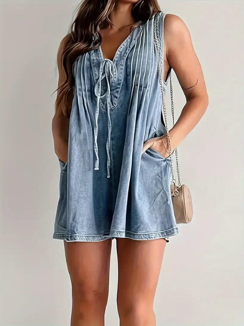 Cheervilla Denim Sleeveless Bodysuit Front Tie Jumpsuit