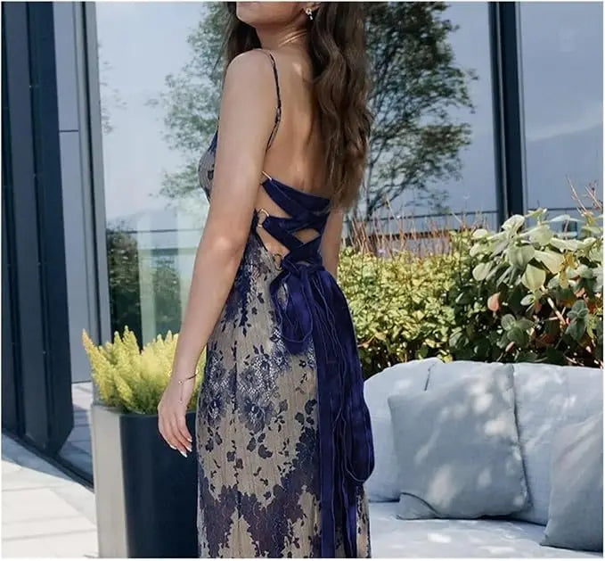 Printed U Neck Maxi Dress With Hollow Back And Splicing
