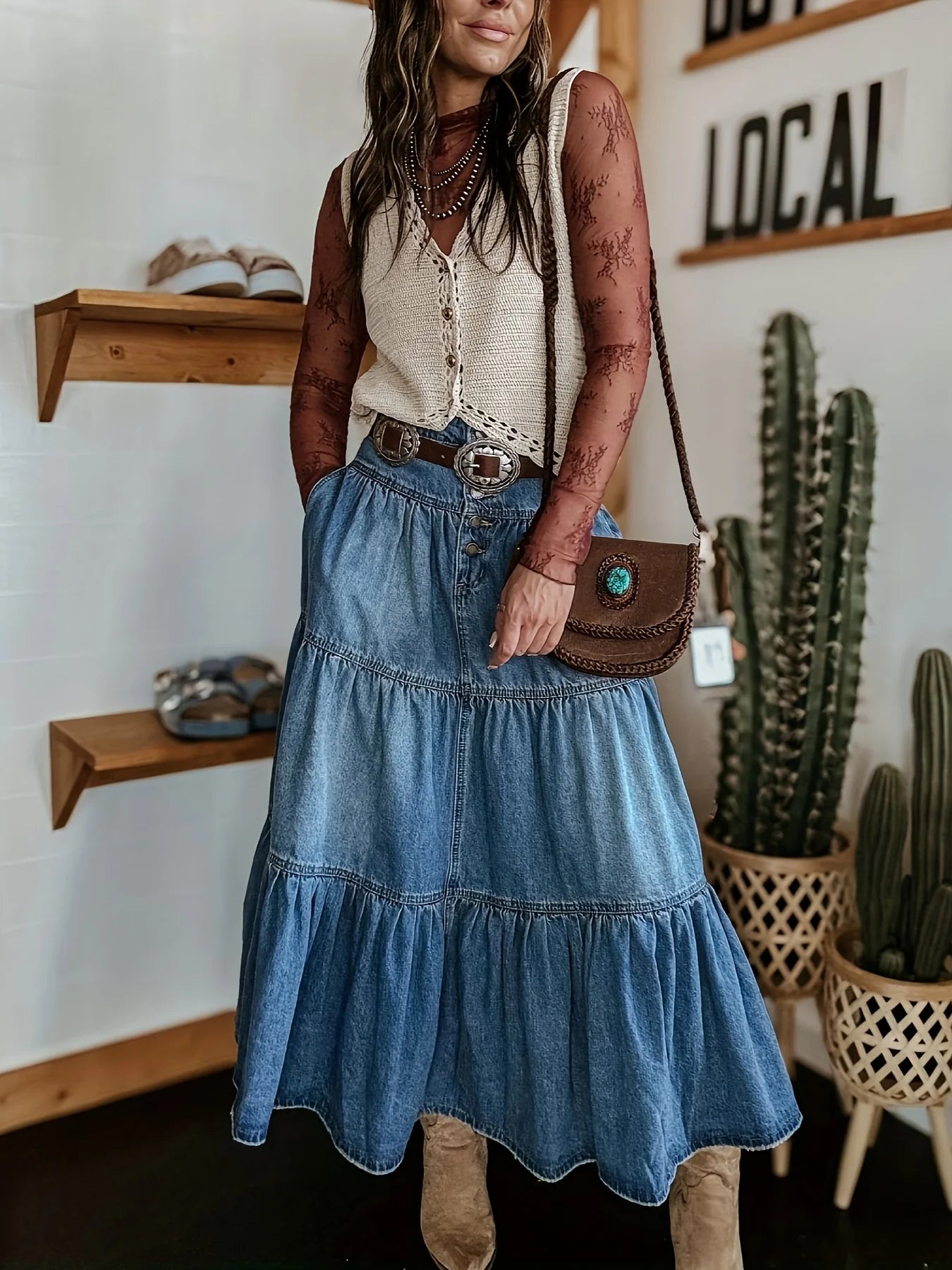 Denim Bohemian A Line Skirt Layered Cake Ruffle Design