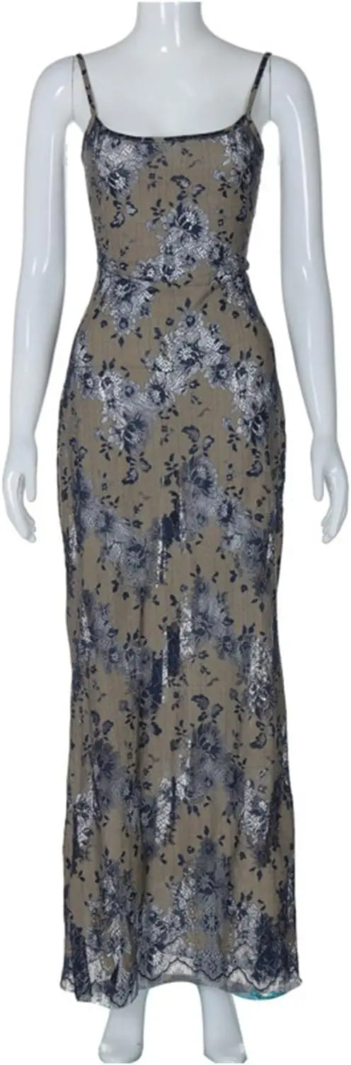 Printed U Neck Maxi Dress With Hollow Back And Splicing