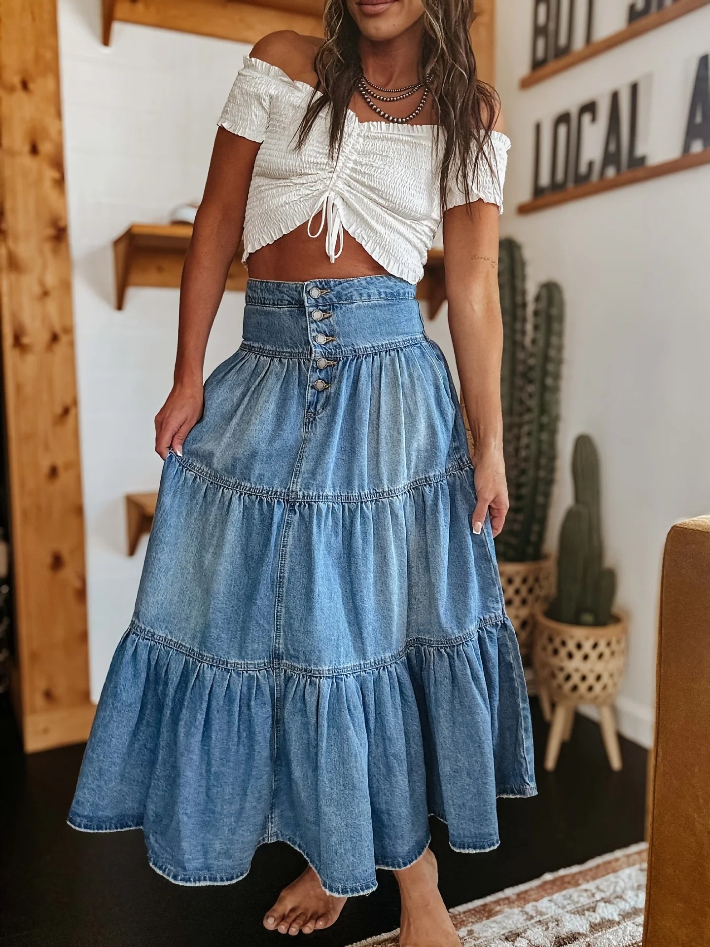 Denim Bohemian A Line Skirt Layered Cake Ruffle Design