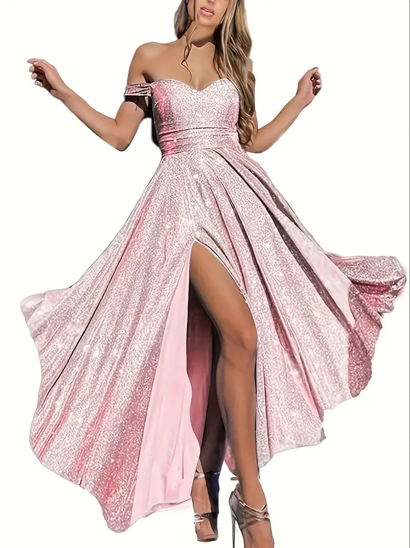 CN Sequin Off Shoulder Ball Gown High Low Wedding Dress