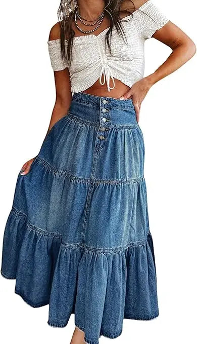 Denim Bohemian A Line Skirt Layered Cake Ruffle Design