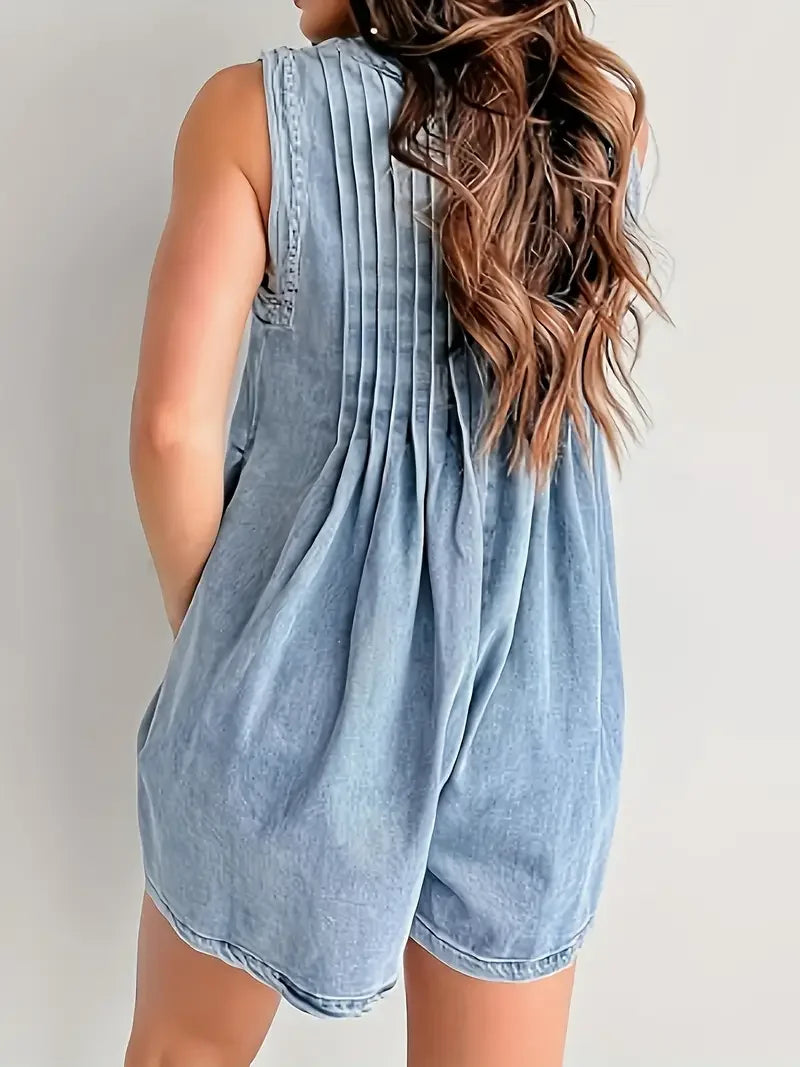 Cheervilla Denim Sleeveless Bodysuit Front Tie Jumpsuit