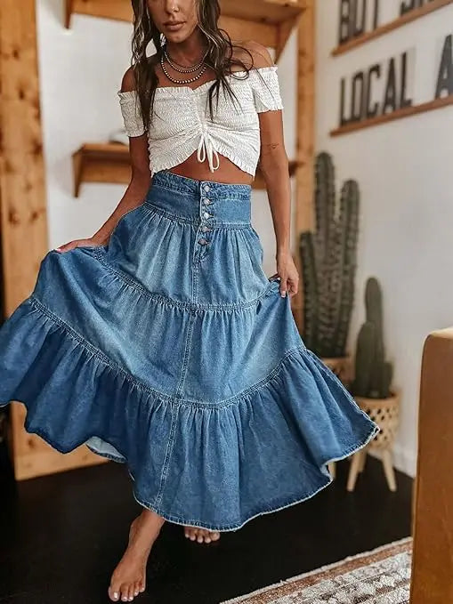 Denim Bohemian A Line Skirt Layered Cake Ruffle Design