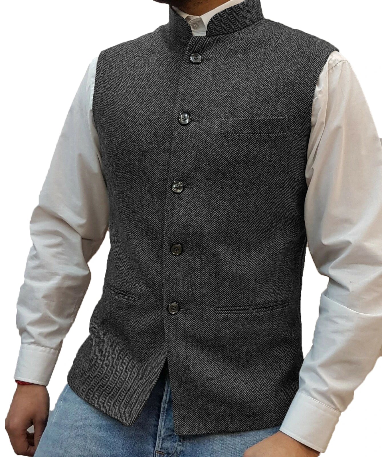 Herringbone Wool Sleeveless Waistcoat Men Slim Fit Wedding