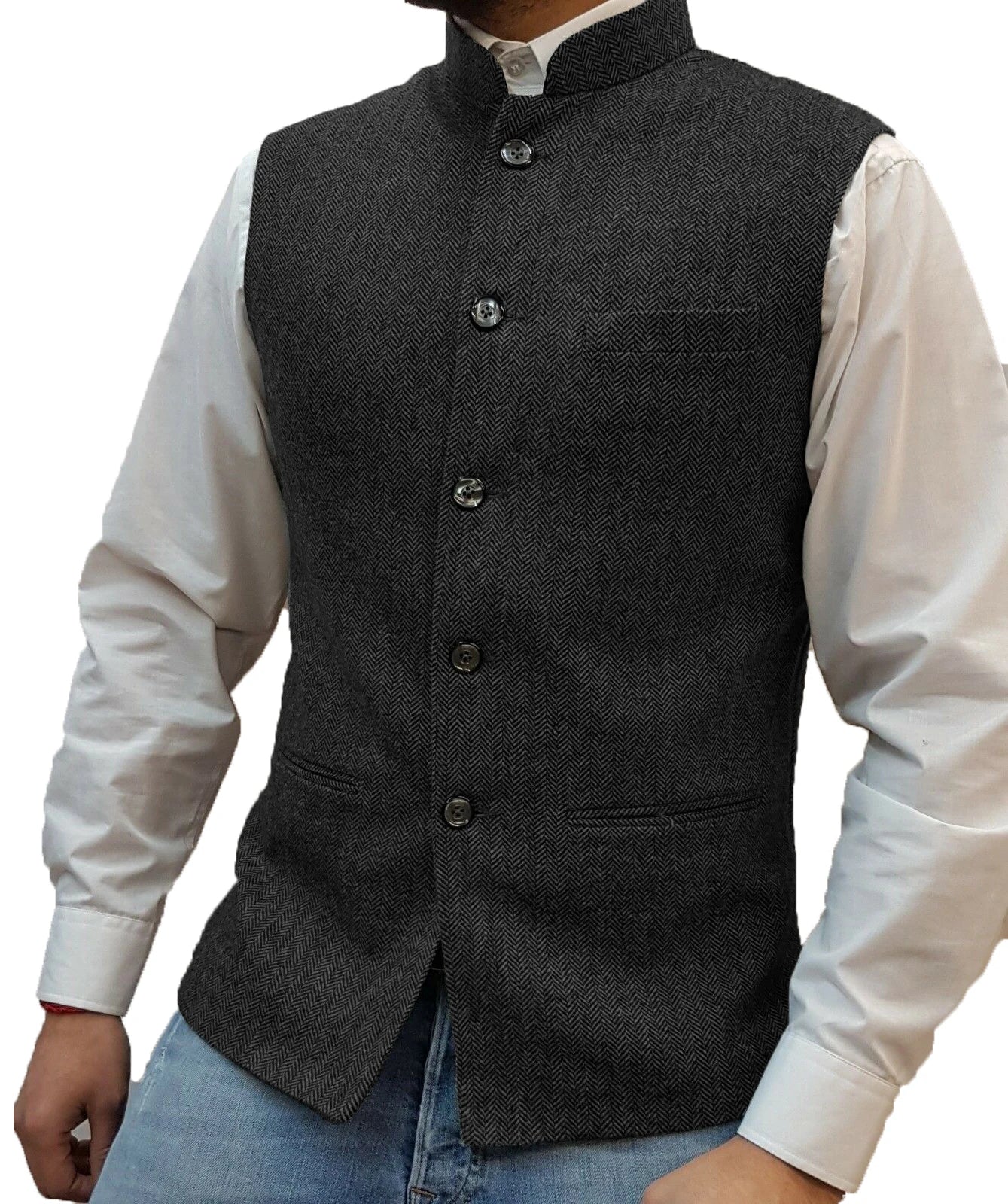 Herringbone Wool Sleeveless Waistcoat Men Slim Fit Wedding