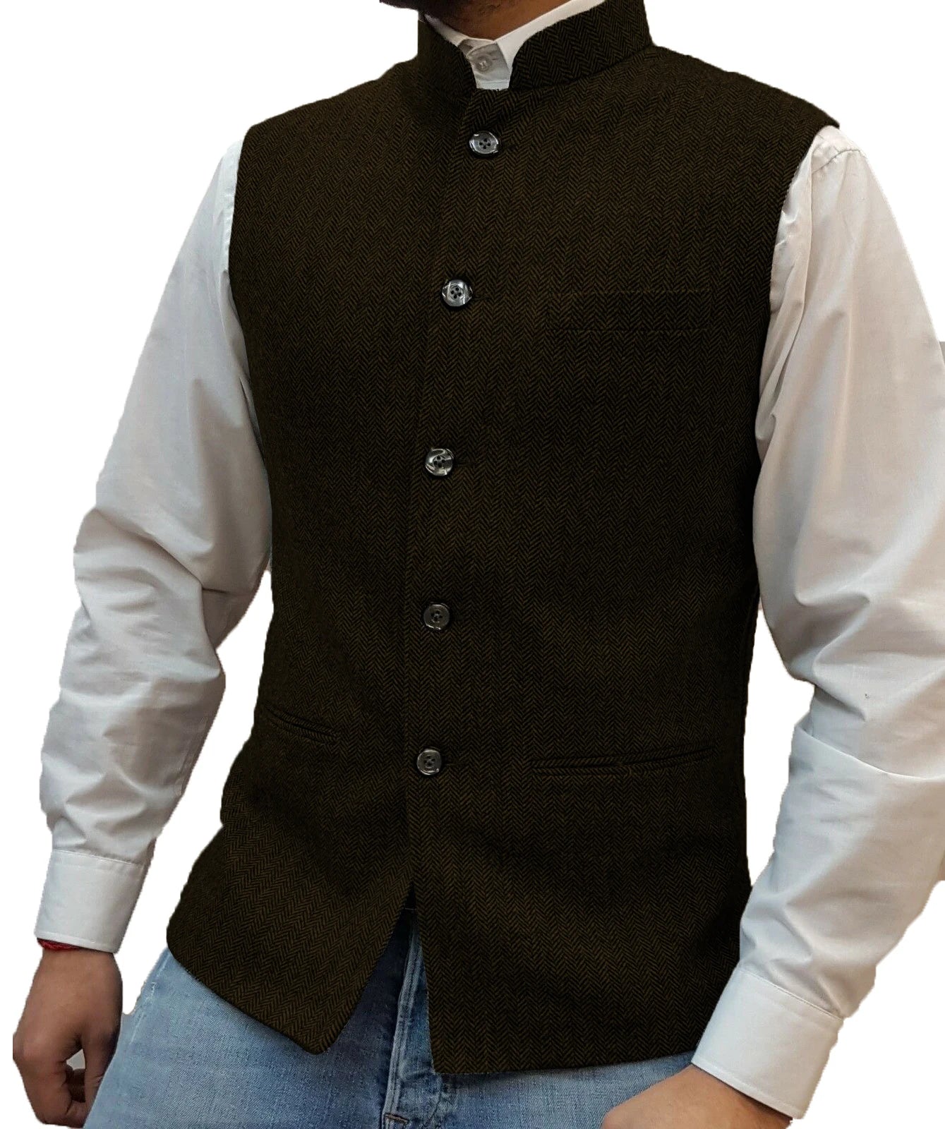 Herringbone Wool Sleeveless Waistcoat Men Slim Fit Wedding