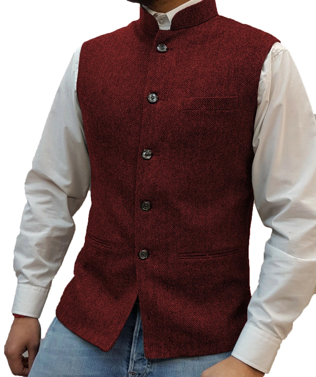 Herringbone Wool Sleeveless Waistcoat Men Slim Fit Wedding