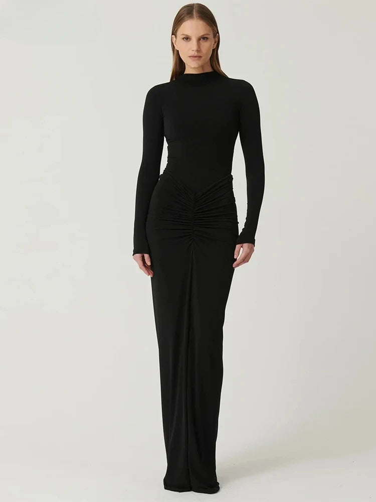 Shirring Women Classic Maxi Dress Long Sleeve High Collar