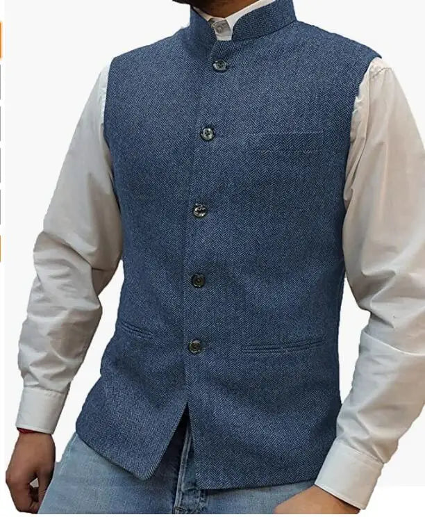 Herringbone Wool Sleeveless Waistcoat Men Slim Fit Wedding
