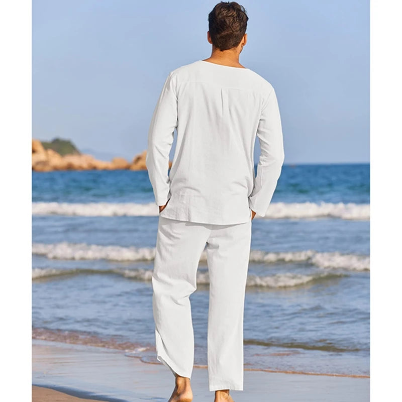 Cheervilla Mens Summer Cotton Linen Henley Shirt Lounge Set
