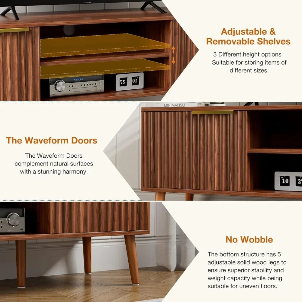 Mid Century Modern TV Stand With Fluted Doors And Shelves