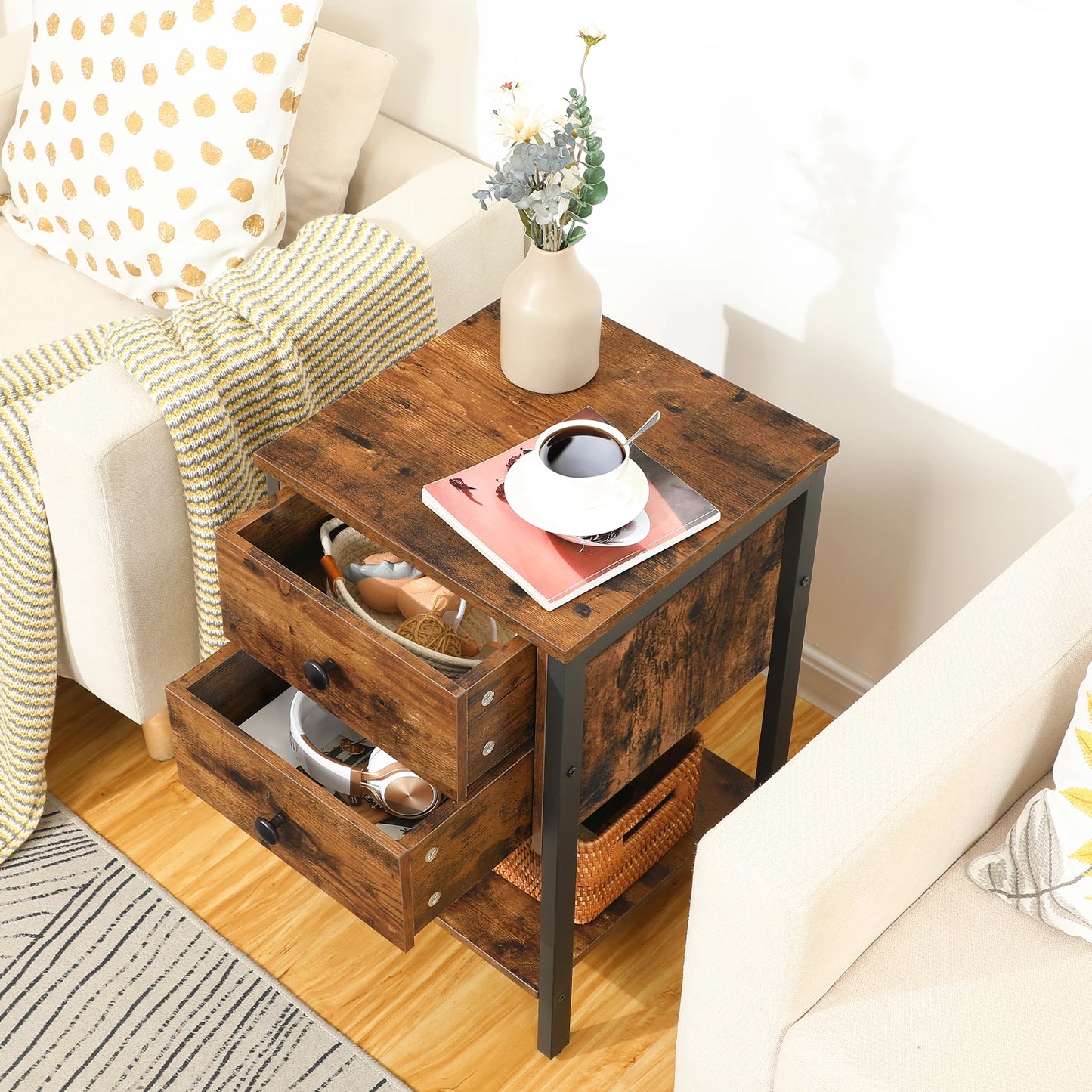 HOOBRO Industrial Nightstand With Drawers And Open Shelf