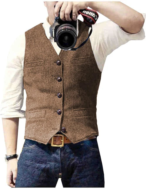 Solovedresscn Mens V Neck Wool Herringbone Vest Slim Fit