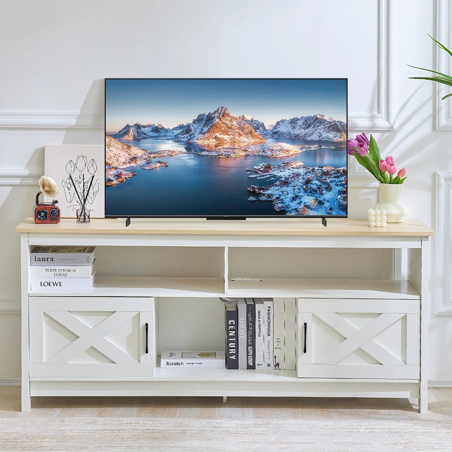 Premium TV Stand With Storage Cabinet And Open Shelves