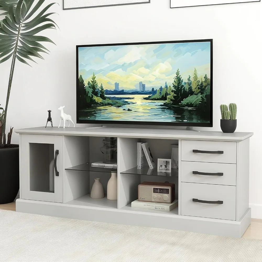 Feicheng Farmhouse TV Stand Wood Console With Glass Shelves