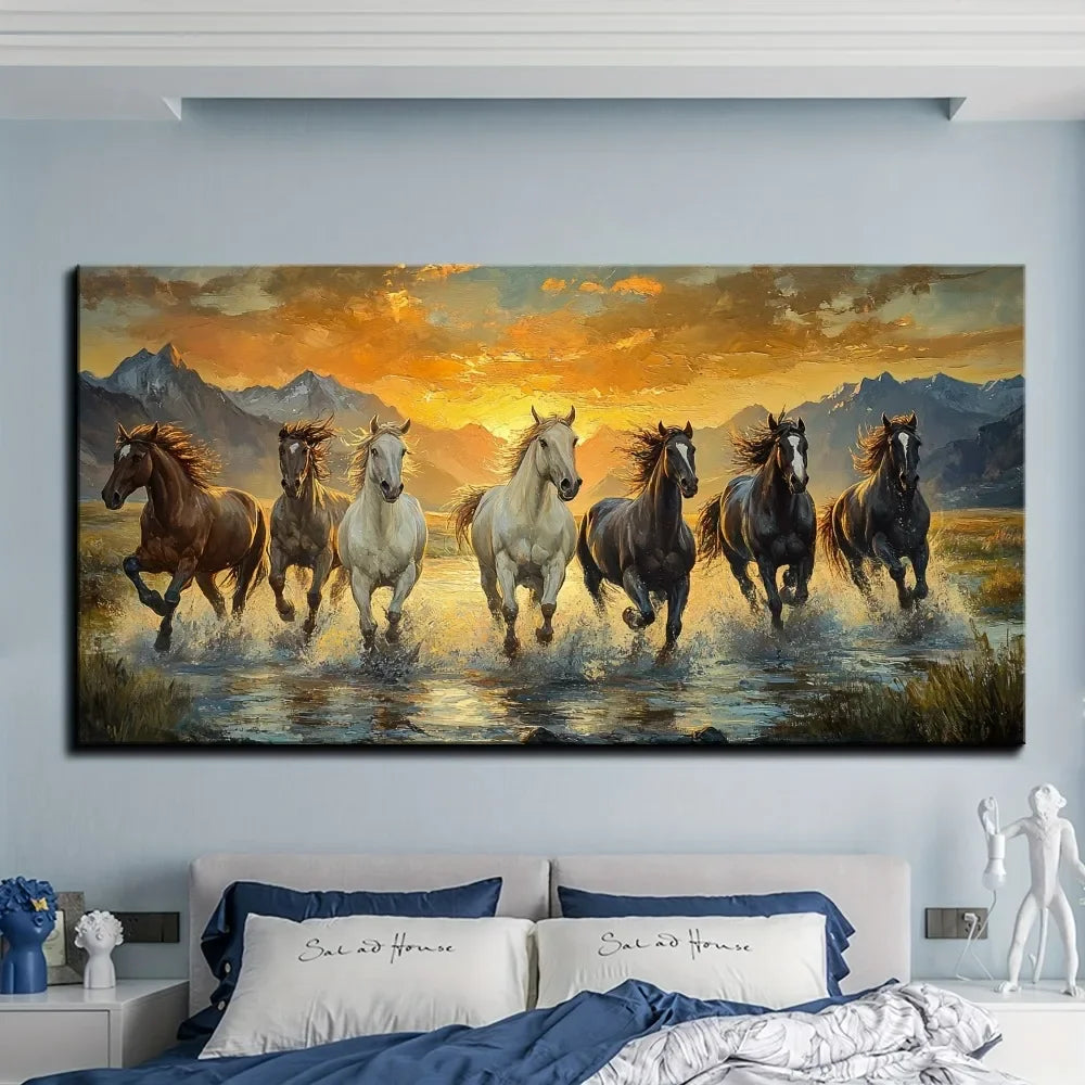Cheervilla Seven Horse Feng Shui Canvas Wall Art Pine Frame