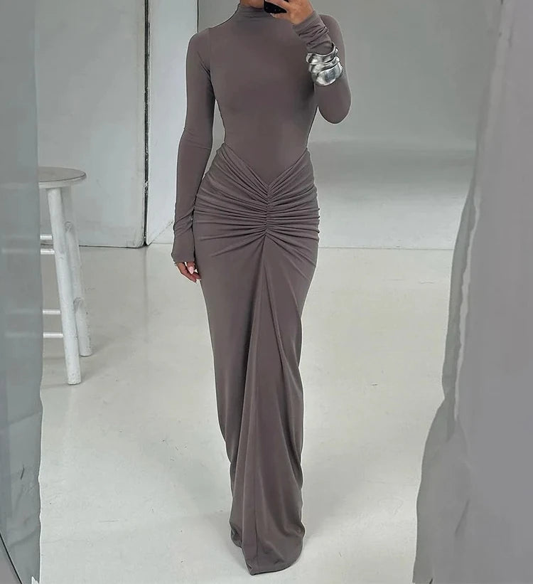 Shirring Women Classic Maxi Dress Long Sleeve High Collar