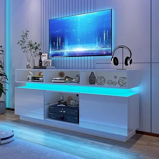 Modern Tall TV Stand With Glass Doors Storage Console