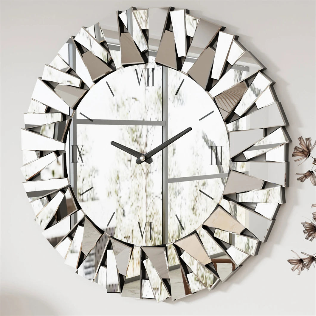 Combination 3D Mirrored Sunburst Wall Clock Roman Numerals