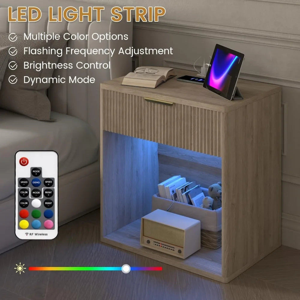 Fluted Nightstand With Charging Station Bedside Table