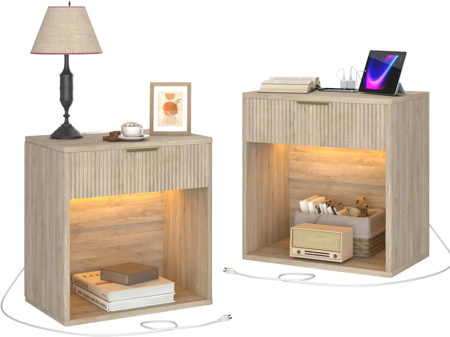 Fluted Nightstand With Charging Station Bedside Table