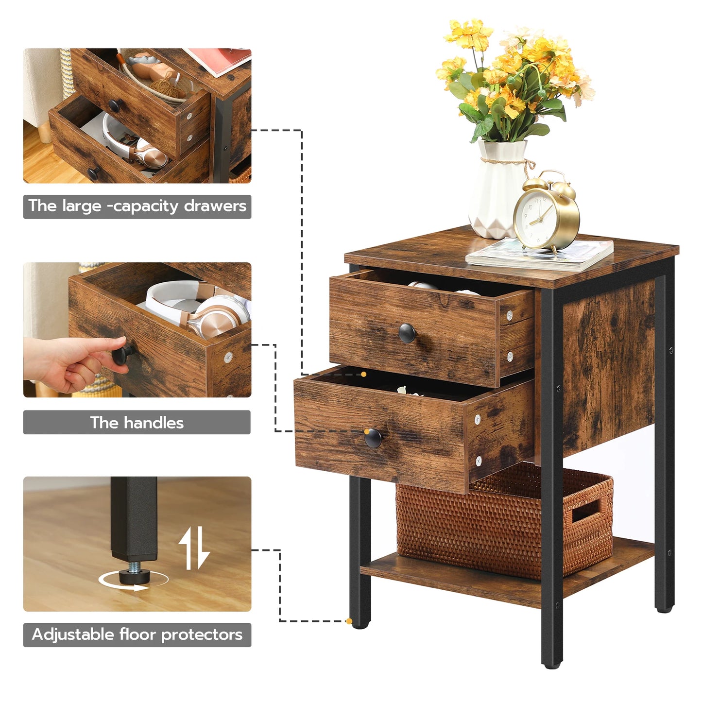 HOOBRO Industrial Nightstand With Drawers And Open Shelf
