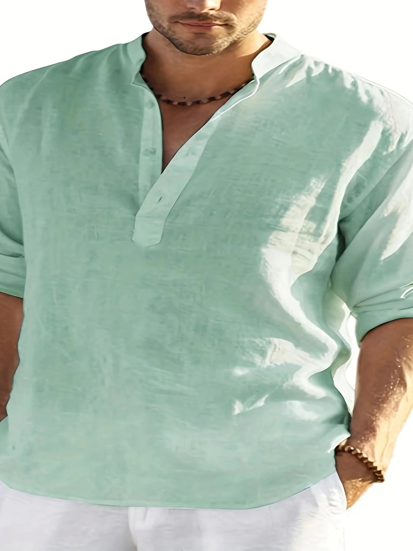 Men's Linen Stand Collar Long Sleeve Shirt Solid Pattern