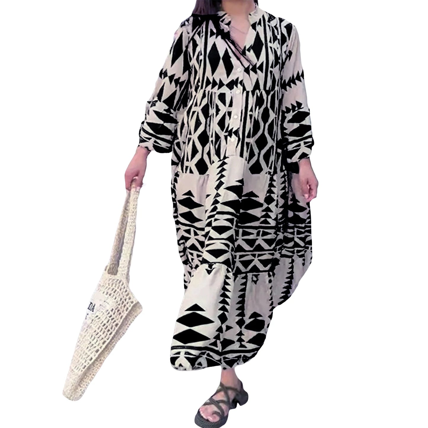 Hirigin Geometric Print Boho Dress With Long Sleeves