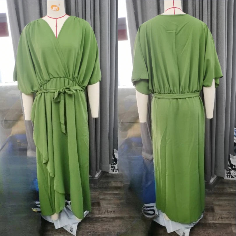 Lace Up Maxi Dress with V Neck Half Sleeve Women Casual