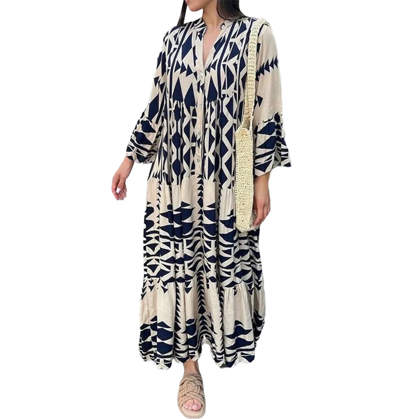 Hirigin Geometric Print Boho Dress With Long Sleeves