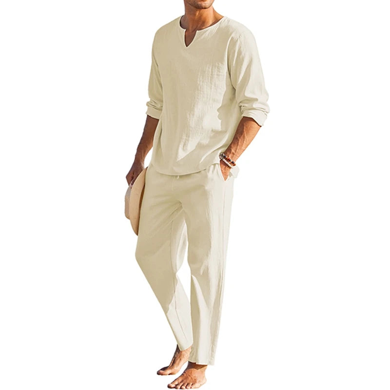 Cheervilla Mens Summer Cotton Linen Henley Shirt Lounge Set