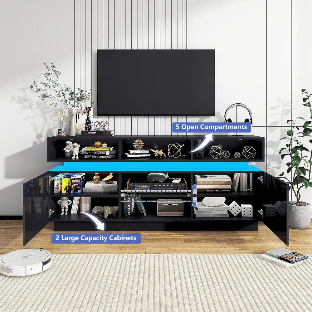 Modern Tall TV Stand With Glass Doors Storage Console
