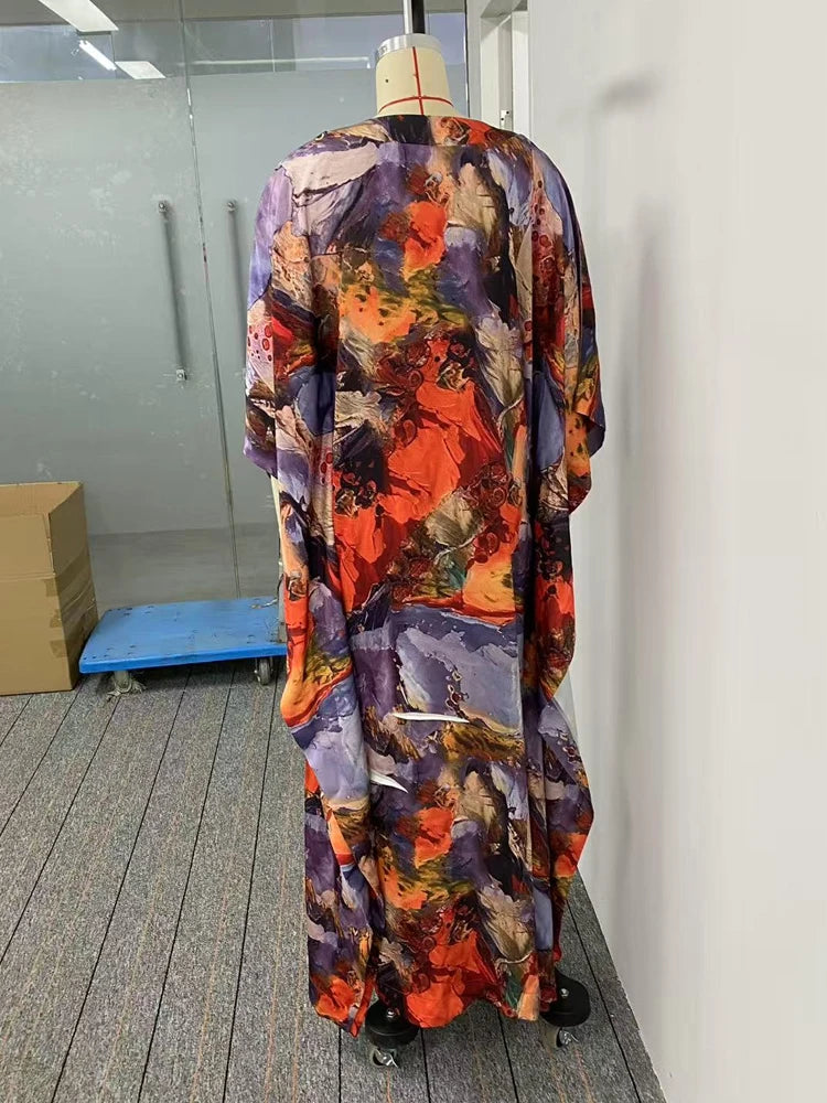 OSHOPLIVECN Bohemian Maxi Dress Asymmetric Batwing Sleeves