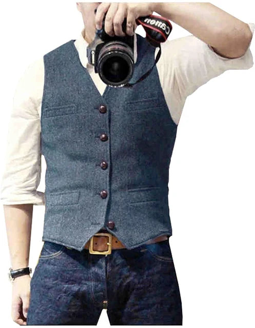 Solovedresscn Mens V Neck Wool Herringbone Vest Slim Fit