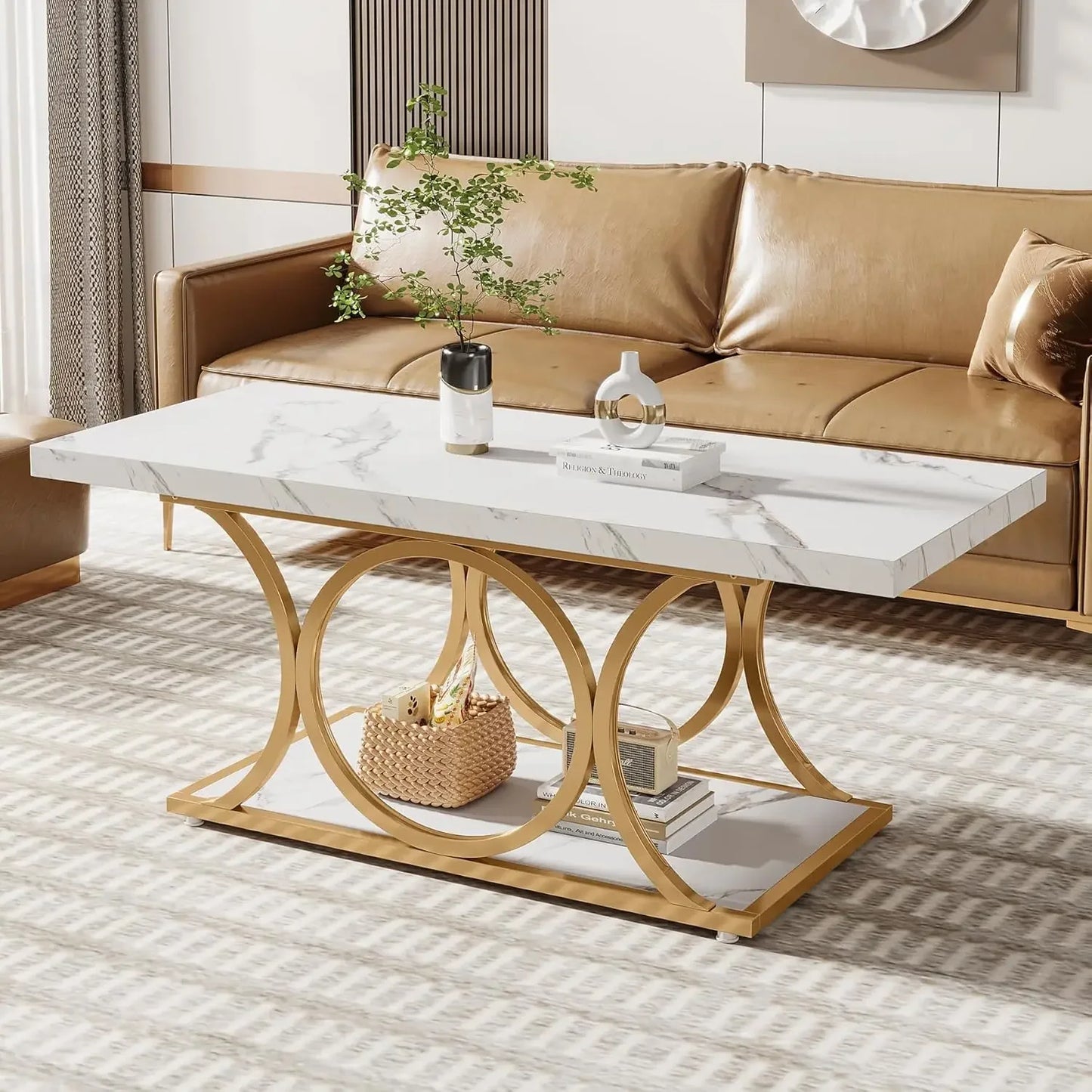 XMSJ Modern Rectangle Coffee Table with Storage Shelf