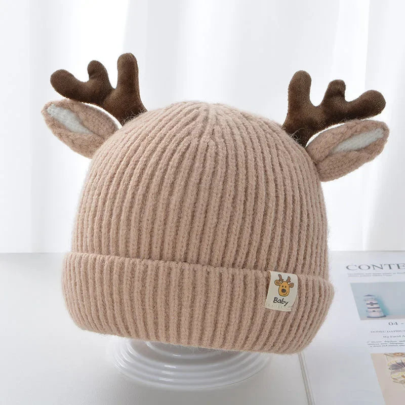 Baby Toddler Autumn Winter Warm Knitted Hat Cartoon Deer Elk Antlers Solid Color Beanie for Boys Girls
