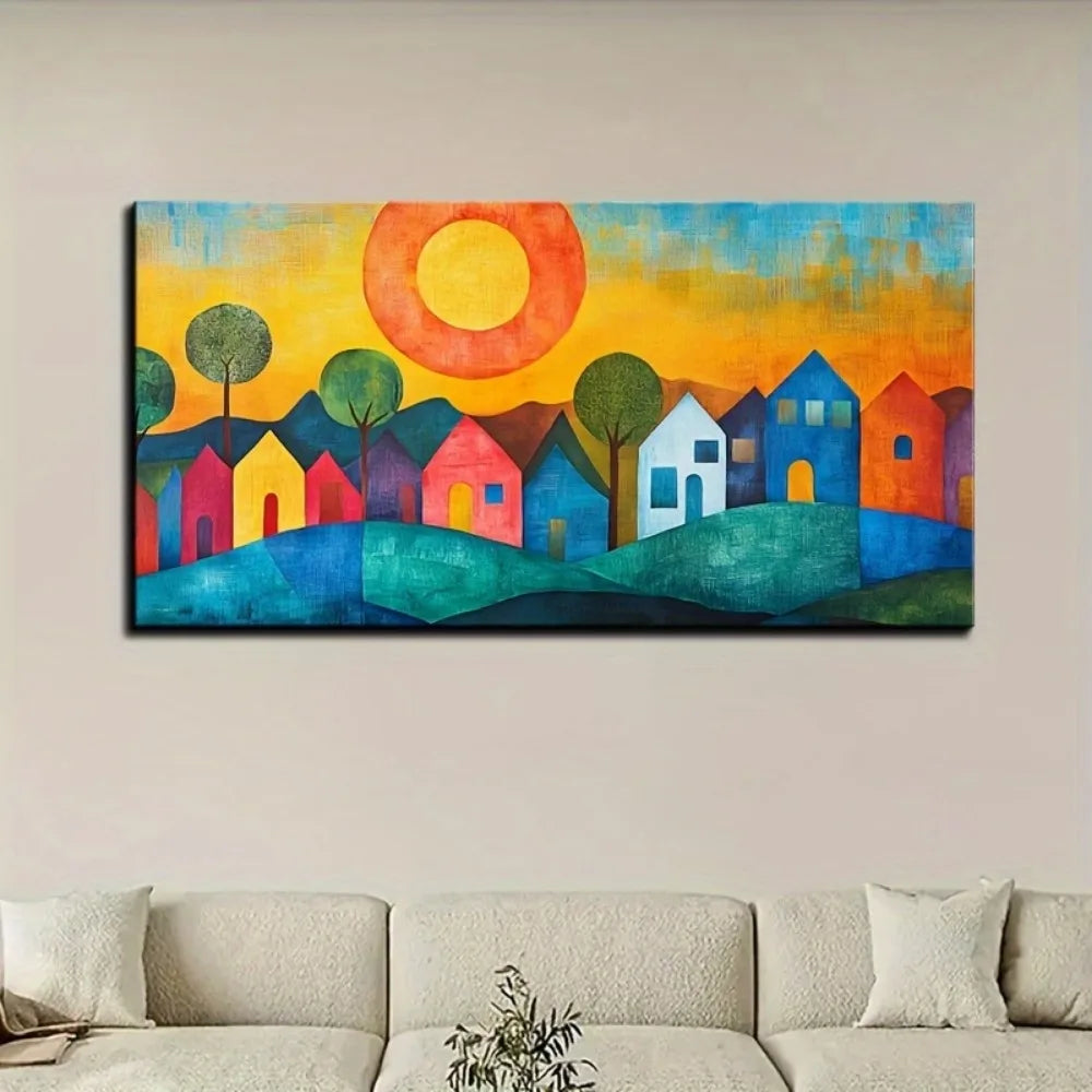 Abstract House Canvas Wall Art Print With Pine Frame