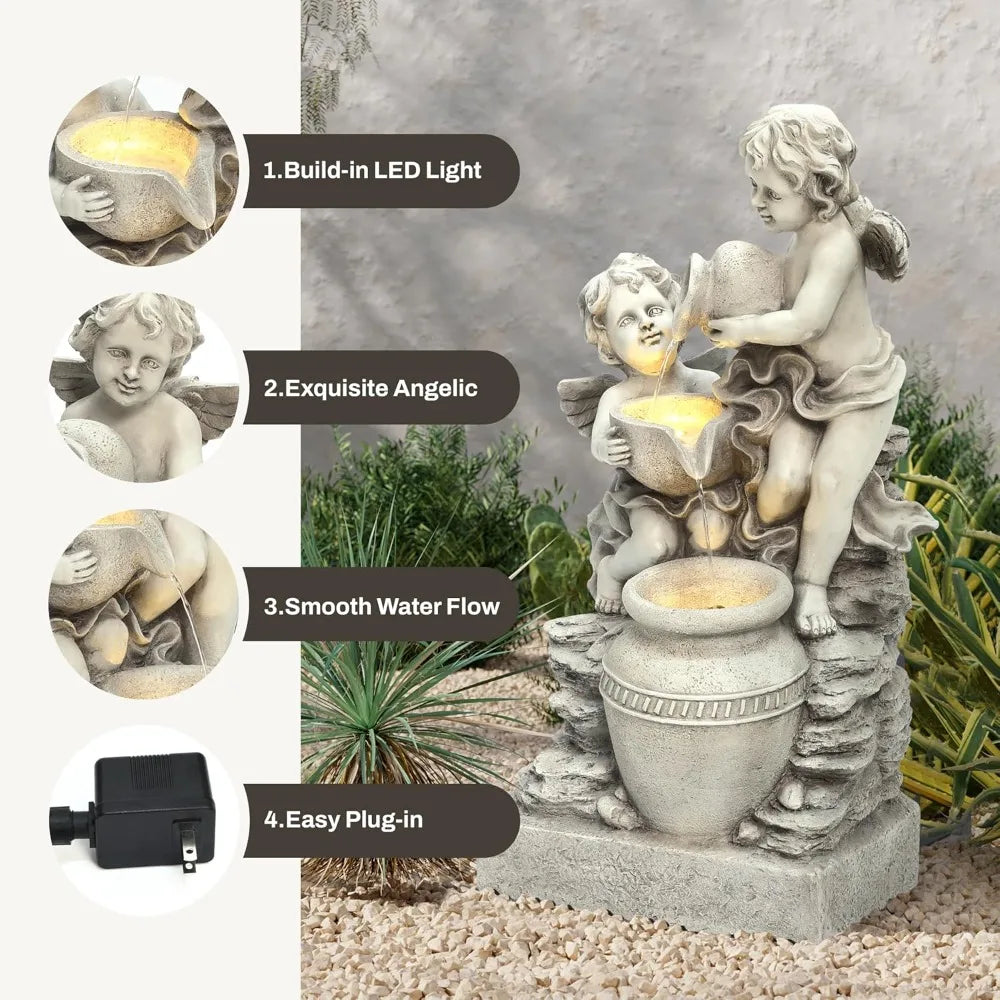 LuxenHome Outdoor Water Fountain Angels LED Garden Light