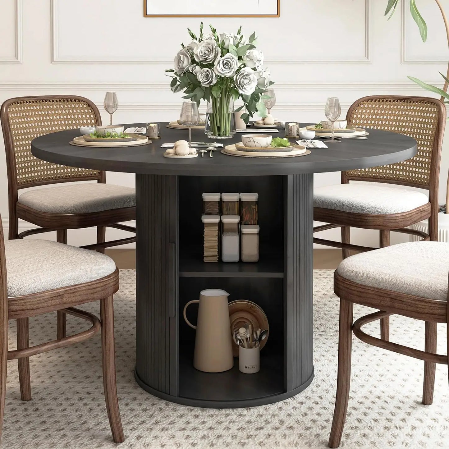 XMSJ Modern Round Dining Table For Four With Hidden Storage