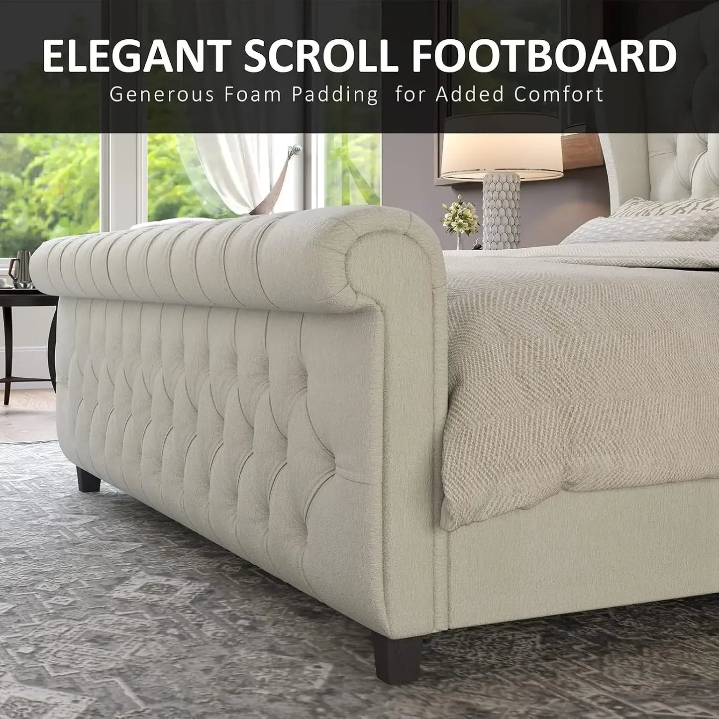 XMSJ Chenille Sleigh Bed With Scroll Wingback Headboard