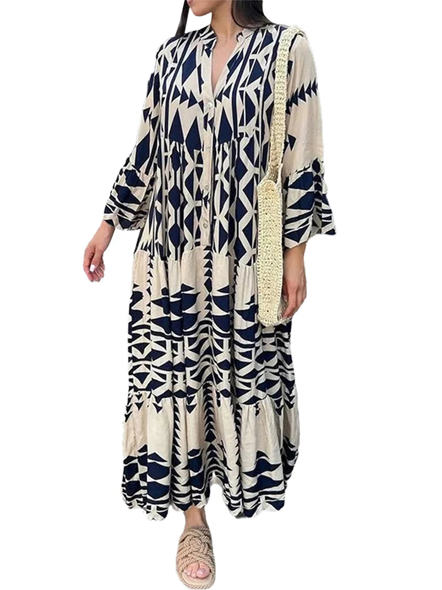 Hirigin Geometric Print Boho Dress With Long Sleeves