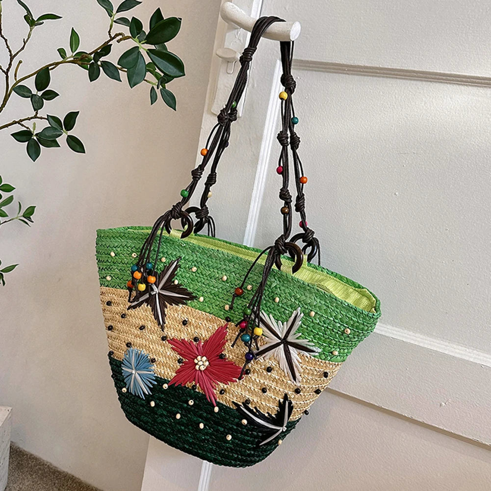 Starfish Beaded Bohemian Straw Tote Bag Women Seaside Party