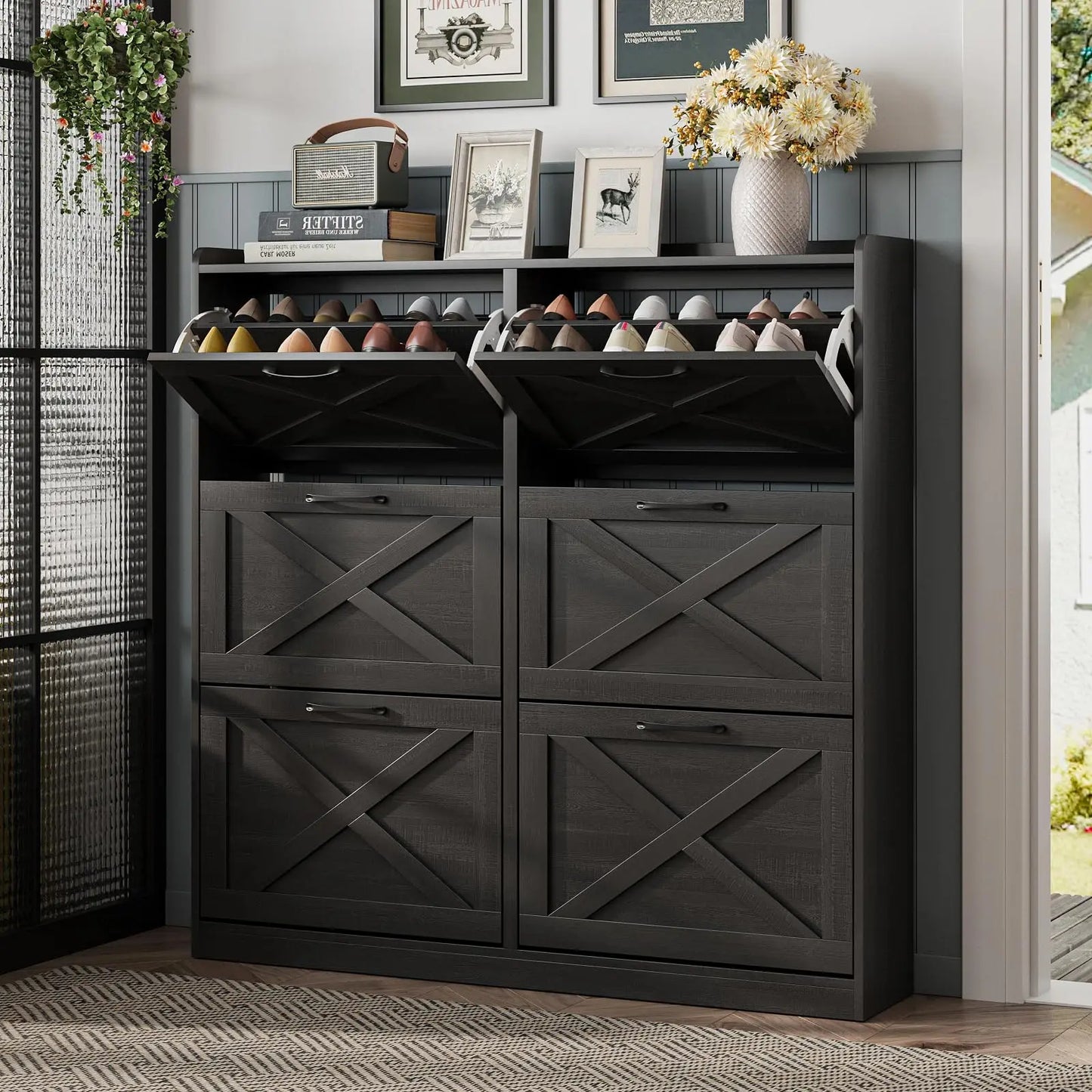 Vabches Shoe Cabinet With Flip Drawers And Metal Handles