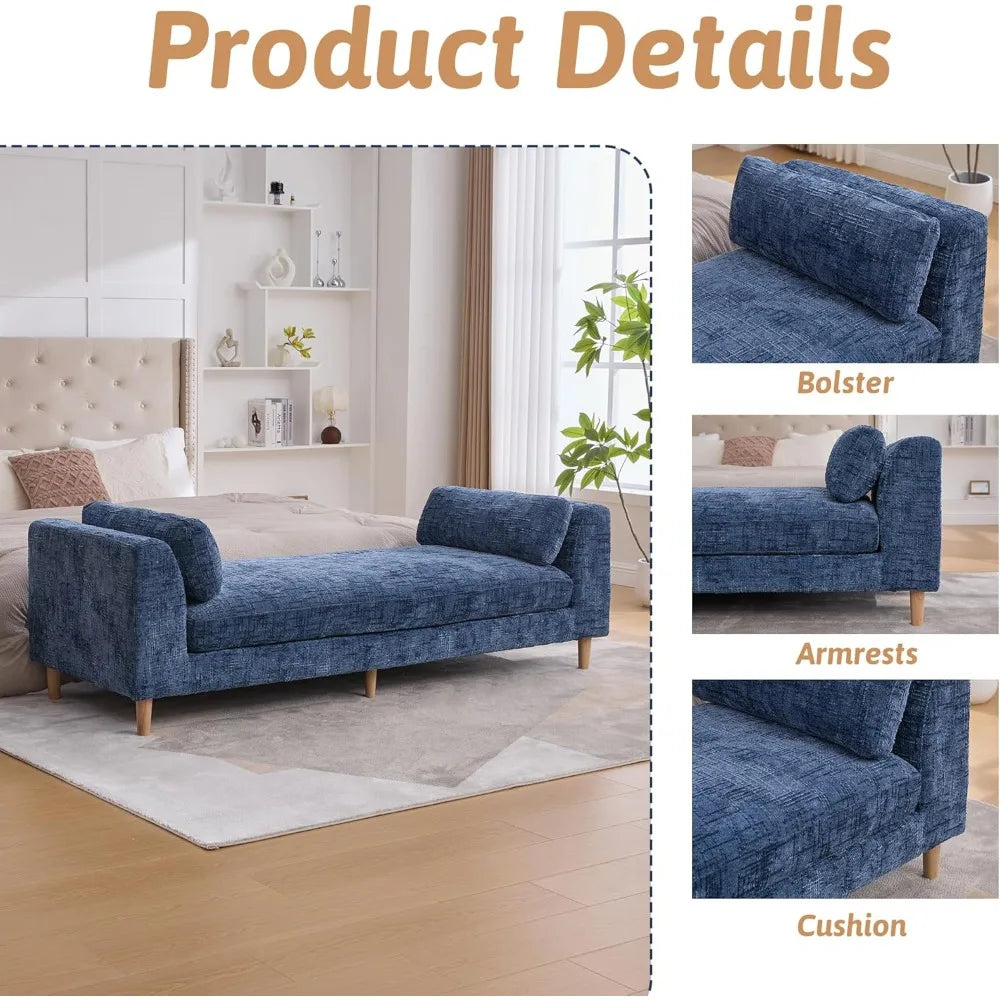 HUANZHUANG Chenille Chaise Bench With Armrests And Pillows
