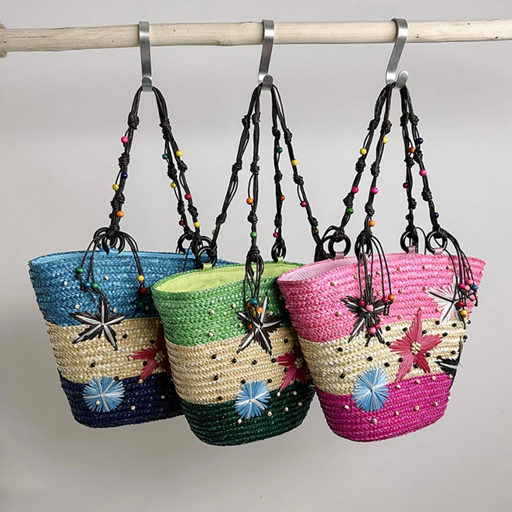 Starfish Beaded Bohemian Straw Tote Bag Women Seaside Party