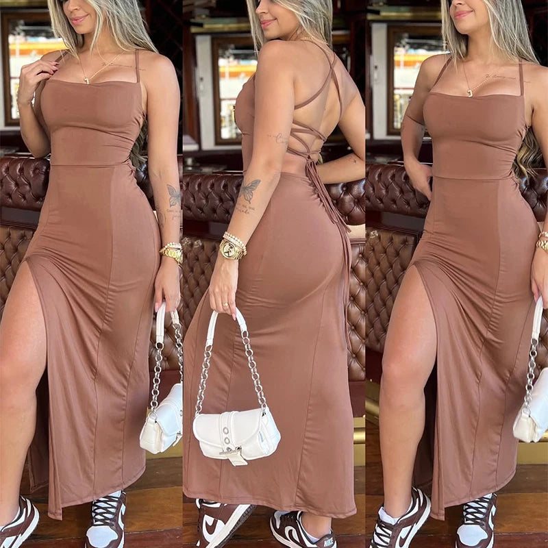 Women Sleeveless Spaghetti Strap Backless Bodycon Dress