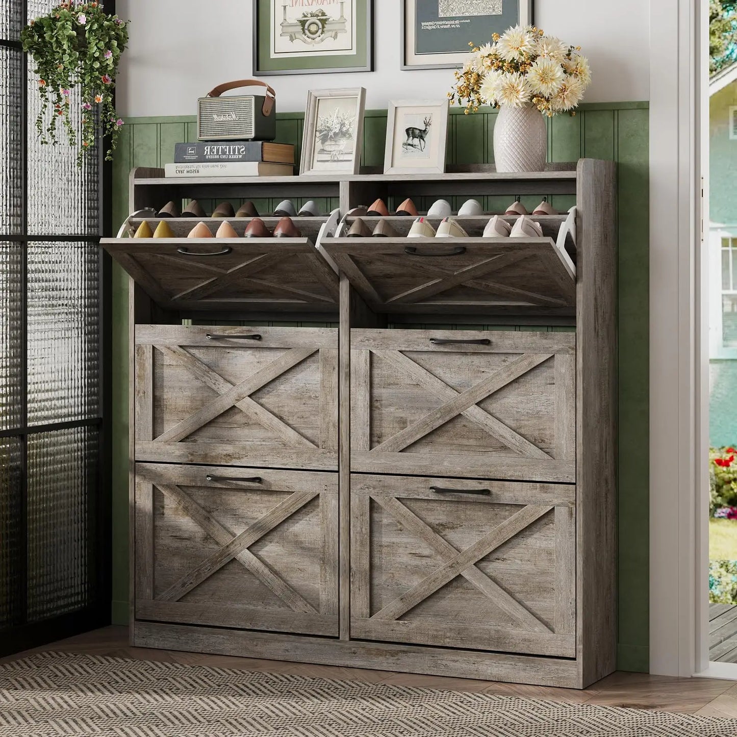Vabches Shoe Cabinet With Flip Drawers And Metal Handles